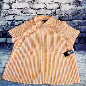 Rafaella women orange white stripes button down short sleeve top shirt NWT